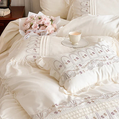DecorBites™ Flowers Embroidery Princess Wedding Lace Bedding Set 1200TC Cotton Duvet Cover Flat Sheet Pillowcases