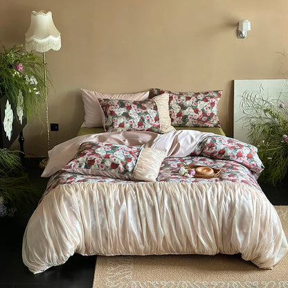 Decorbites™ Französische Rustikale Rosenblumen-Bettwäsche-Set mit Plissevolants und ägyptischer Baumwolle