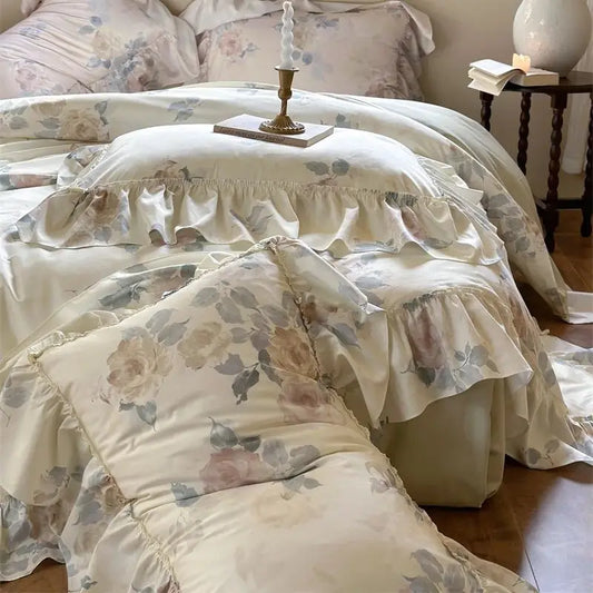 Decorbites™ Französische Rosenblumen-Druck-Bettwäsche-Set, Elegante Rüschens Prinzessinnen-Kollektion