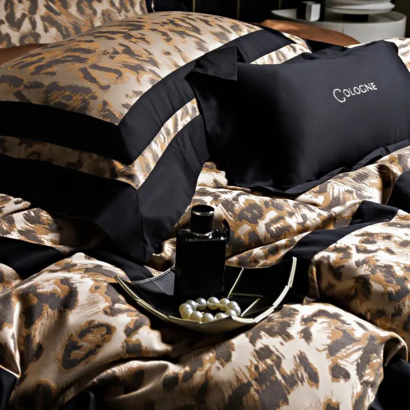 Decorbites™ Leopard Jacquard 1000TC Lyocell-Baumwoll-Bettwäsche-Set: Daunendecke, Laken, Kissenbezüge