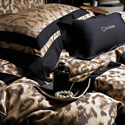Decorbites™ Leopard Jacquard 1000TC Lyocell-Baumwoll-Bettwäsche-Set: Daunendecke, Laken, Kissenbezüge