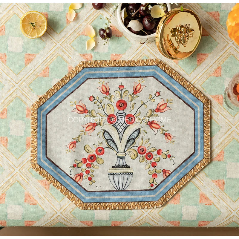 Decorbites™ Barock-Blumen-Fransen-Placemat-Set – Luxuriöse Baumwoll-Leinen-Retro-Sechseck-Tischsets