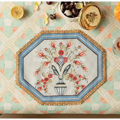 Decorbites™ Barock-Blumen-Fransen-Placemat-Set – Luxuriöse Baumwoll-Leinen-Retro-Sechseck-Tischsets