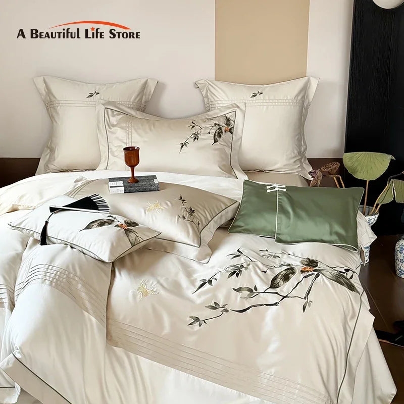 Decorbites™ Deluxe Lyocell-Baumwoll-Stickerei-Bettwäsche-Set – Weiches, seidenweiches, atmungsaktives Luxus-Bett-Set