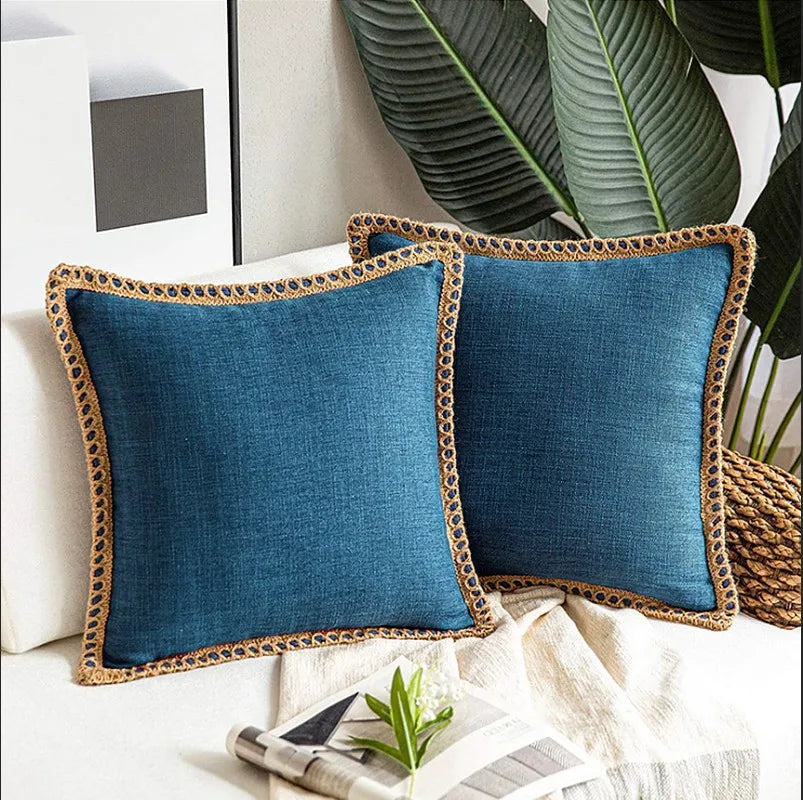 DecorBites™ Hemp Rope Edging Lotus Leaf Hug Pillowcase - Medium Cotton Linen Cushion Cover