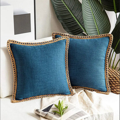 DecorBites™ Hemp Rope Edging Lotus Leaf Hug Pillowcase - Medium Cotton Linen Cushion Cover