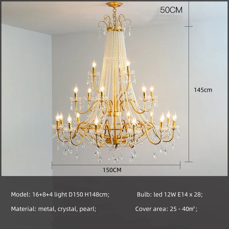 Gold Crystal Pearl Chandelier Iron D98cm