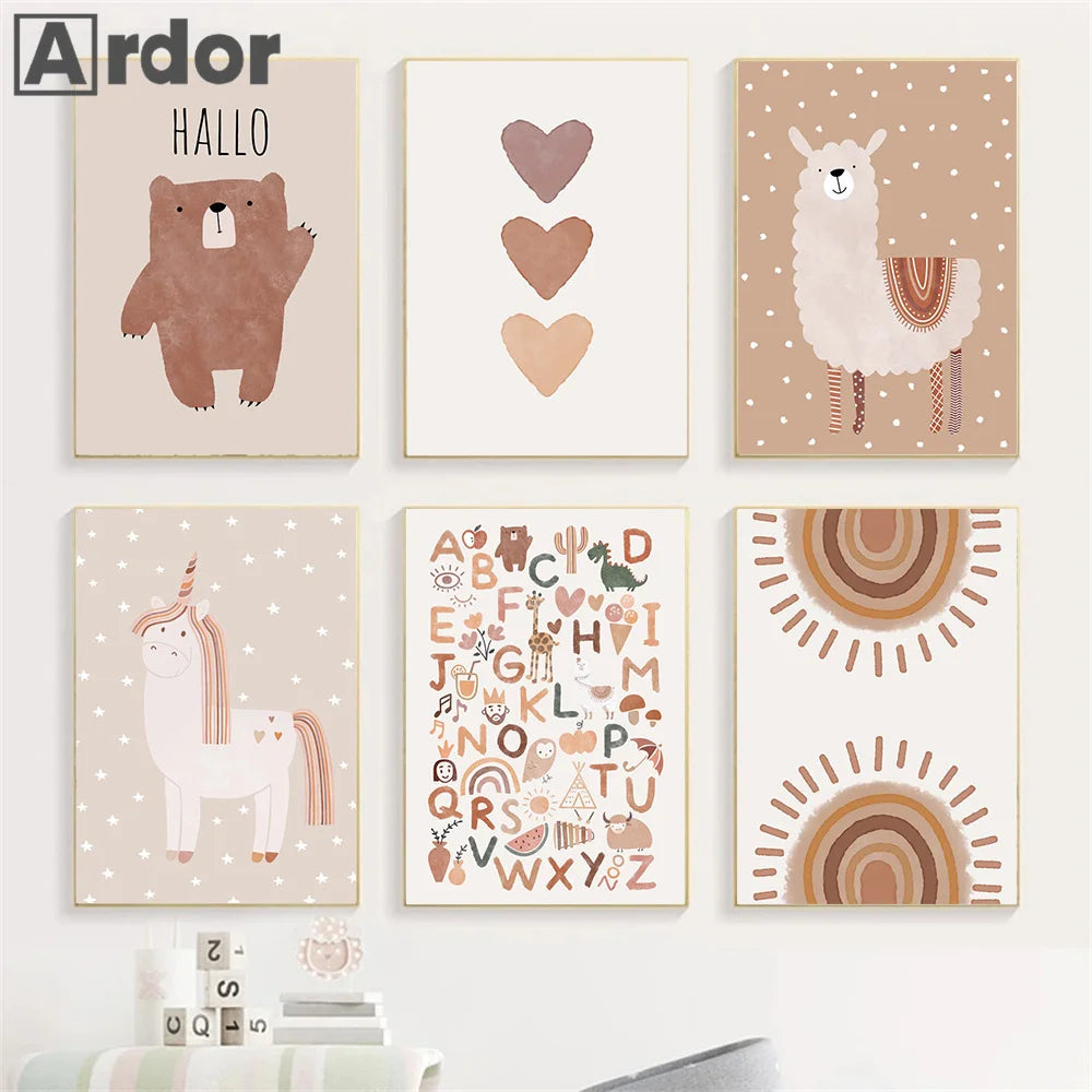 Alpaca Unicorn Rainbow Bear Heart Poster Alphabet Quotes Prints Boho Nursery Wall Art Canvas Painting Pictures Kids Room Decor