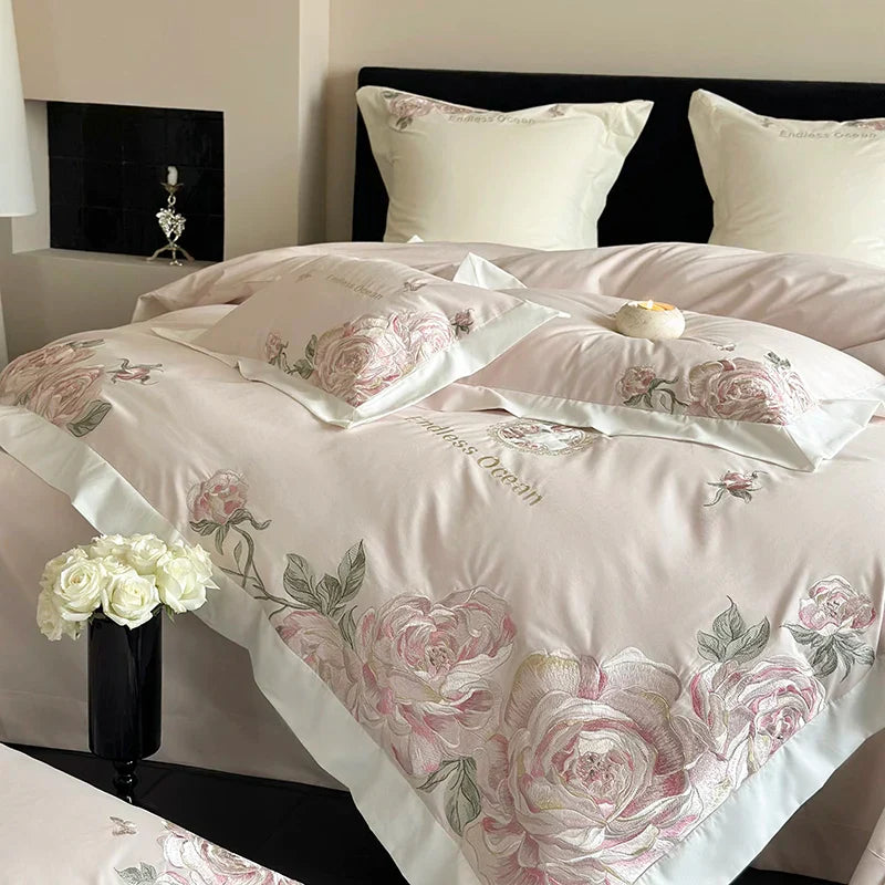 Decorbites™ 4-teiliges Bettwäsche-Set mit rosa-lila Blumenstickerei in 1000TC ägyptischer Baumwolle