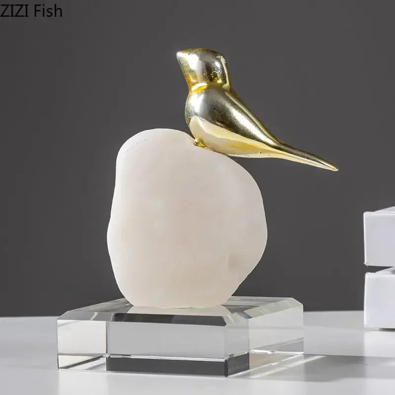 Decorbites™ Goldener Vogel-Statue Kristallbasis Schreibtisch-Dekoration, vergoldete moderne Heimdekoration