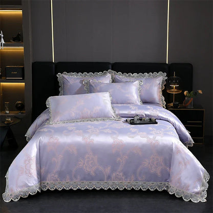 Decorbites™ Golden Jacquard-Baumwoll-Spitzen-Bettwäsche-Set – Seidig weiche Daunendecke, Spannbettlaken, Kissenbezug
