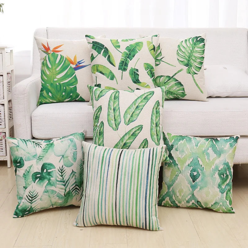 Decorbites™ Grüne Pflanzenblätter Blume Leinen Kissenbezug - Moderner Sofawurfkissenbezug