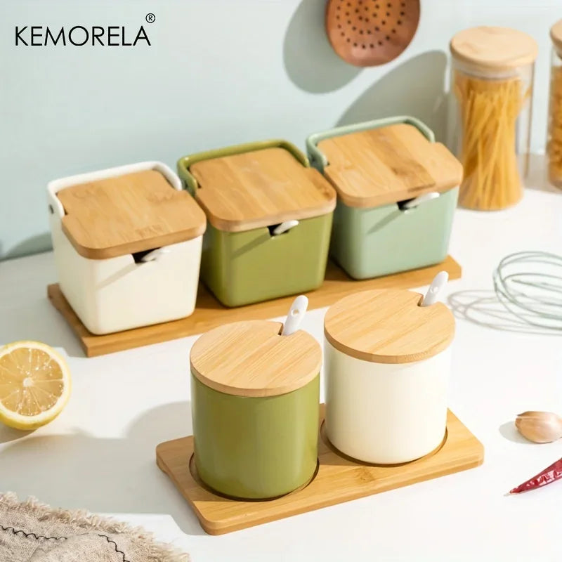 Decorbites™ Japanisches Retro-Keramik-Gewürzgefäß-Set mit Tablett - 3-teiliges Küchenorganizer