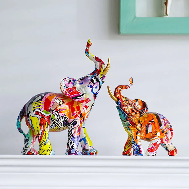 DecorBites™ Elephant Resin Figurine: Graffiti Animal Statue for Home Feng Shui Decor