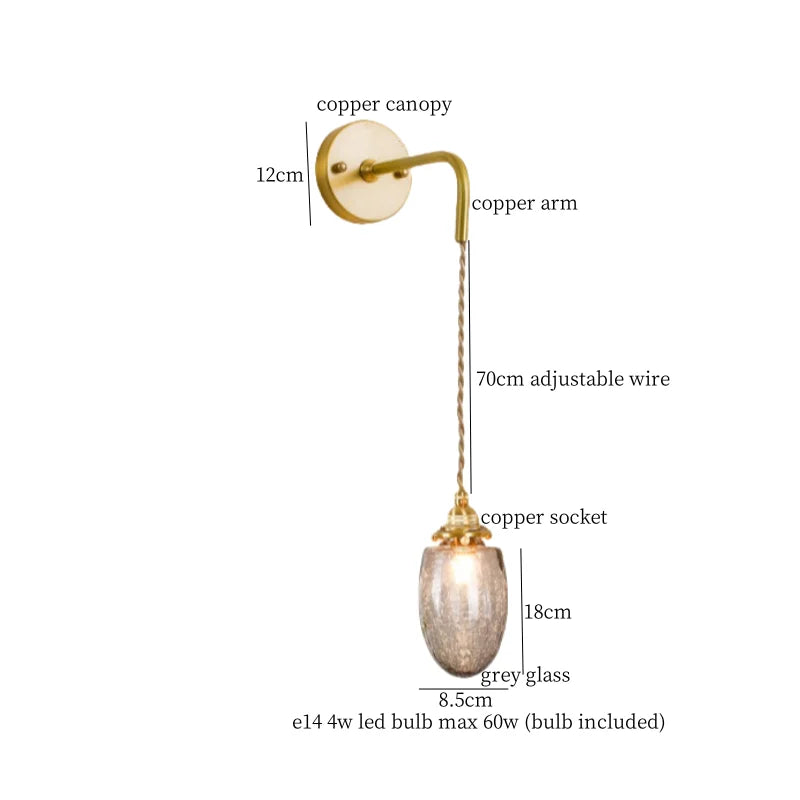 Decorbites™ Graue Glas LED Wandlampe Schlafzimmer Wohnzimmer Loft Modern Kupfer Wandlampe