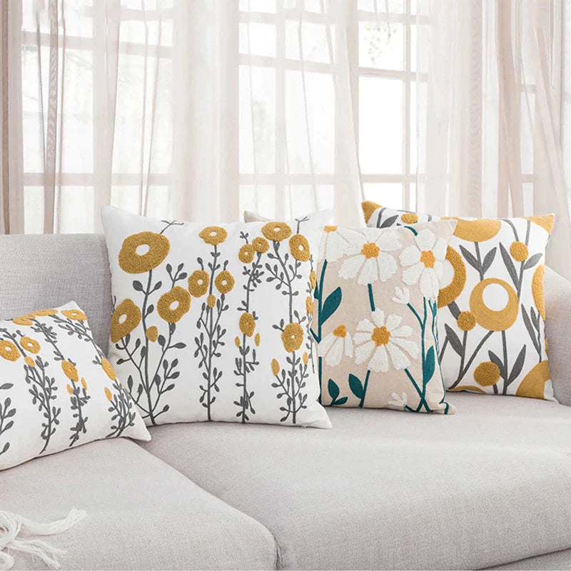 DecorBites™ Daisy Floral Geometric Embroidery Pillow Cover Yellow Blue 45x45cm Soft Cozy