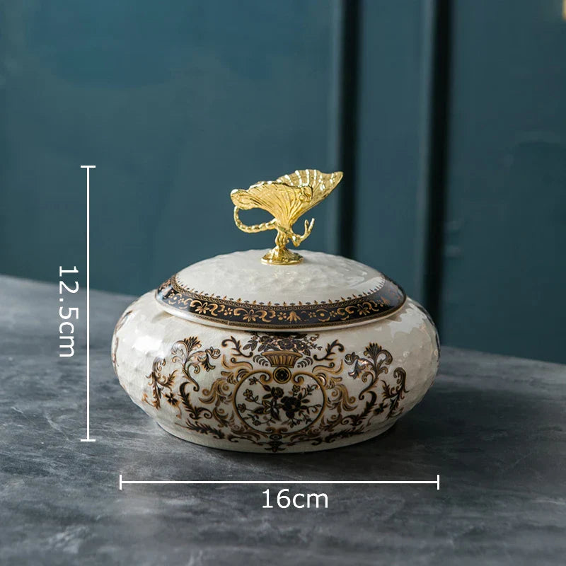 DecorBites™ Dragonfly Lid Ceramic Jewelry Box - Round Floral Pattern Storage Jar
