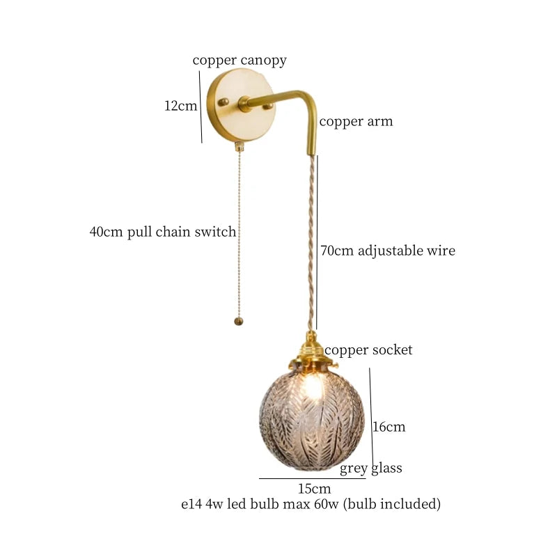 Decorbites™ Graue Glas LED Wandlampe Schlafzimmer Wohnzimmer Loft Modern Kupfer Wandlampe