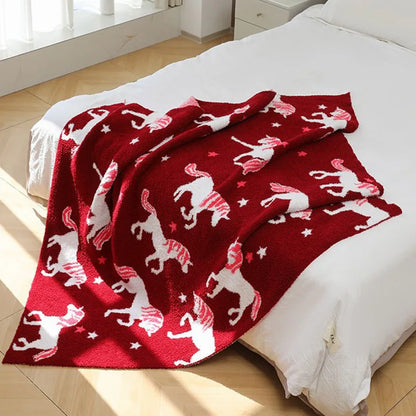 Decorbites™ Klasse-A Halb-Fleece Rotes Einhorn-Decke – Warm, Gemütlich, Ganzjährige Steppdecke