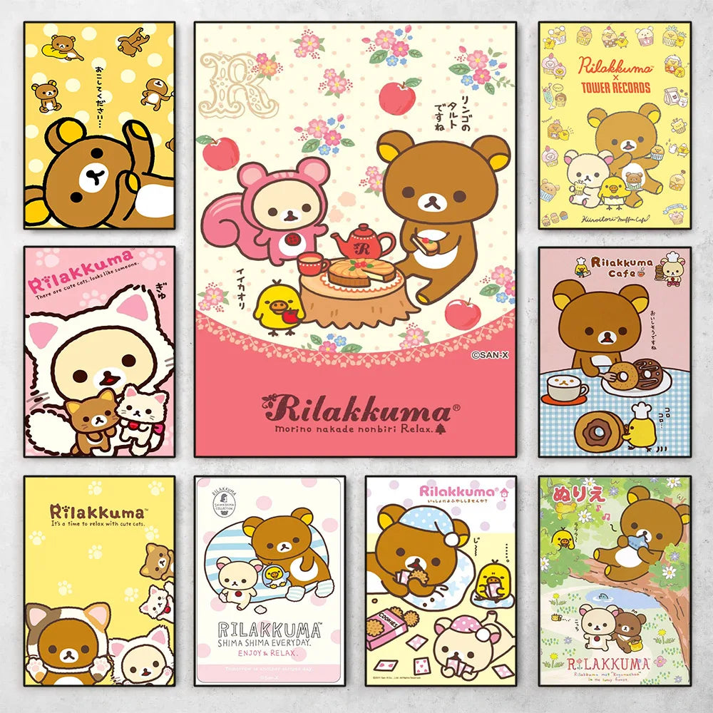 Anime Cute Cartoon R-Rilakkuma Poster Wall Art Canvas Printing Manga Bear Chick Cat Reading Nursery Kids Kawaii Room Decor