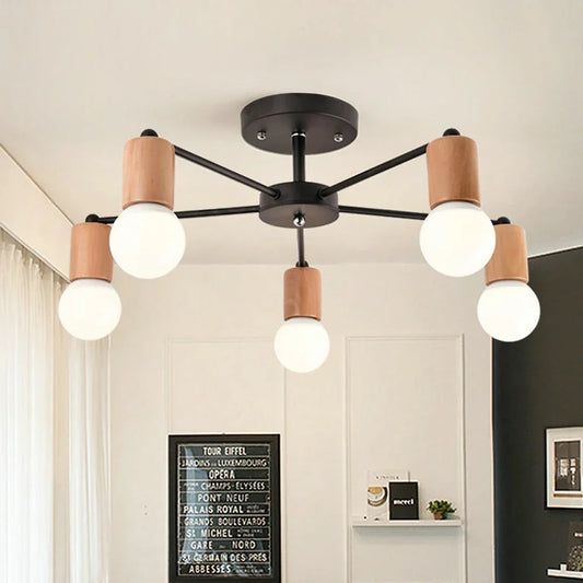 DecorBites™ Industrial Rod Iron Wood Sputnik Chandelier Ceiling Lamp LED E27 Home Lighting