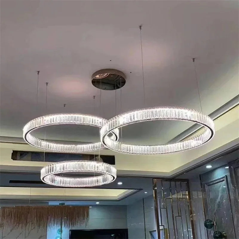 DecorBites™ Crystal LED Chandelier Rings Pendant Lamp Luxury Villa Stair Decoration