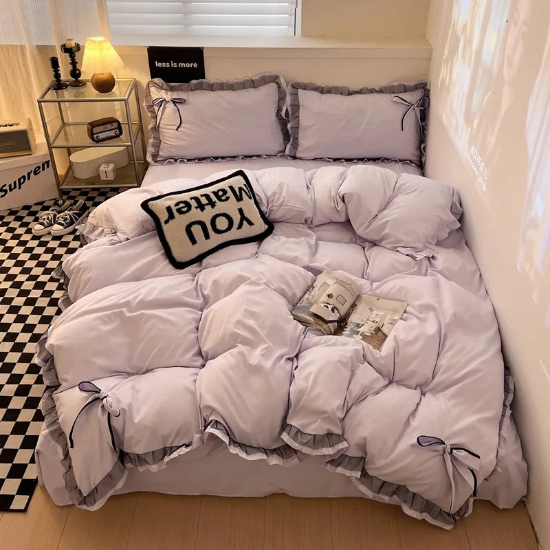 DecorBites™ Cotton Embroidery Bedding Set with Lace for All Seasons
