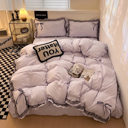 DecorBites™ Cotton Embroidery Bedding Set with Lace for All Seasons