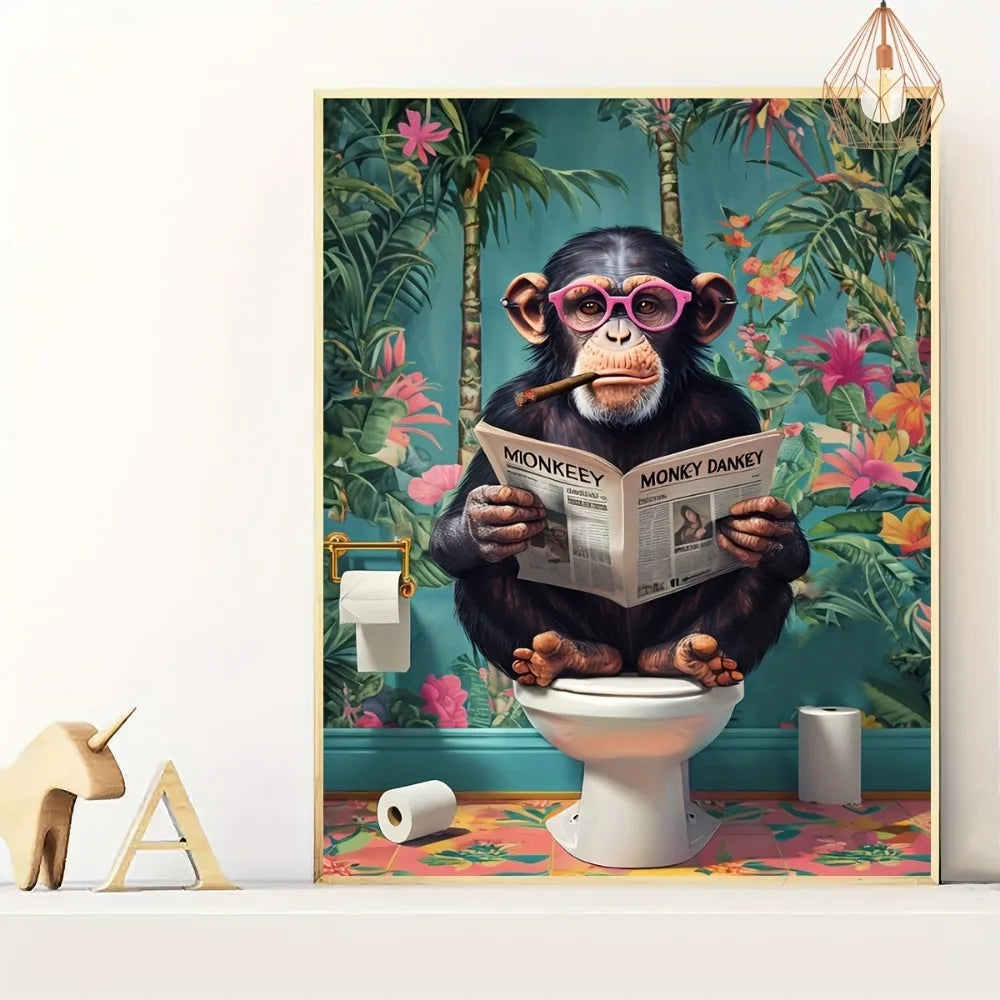 A Frameless Funny Gorilla Reading A Newspaper on The Toilet Canvas Painting for The Art Decoration of The Toilet Bathroom Wall