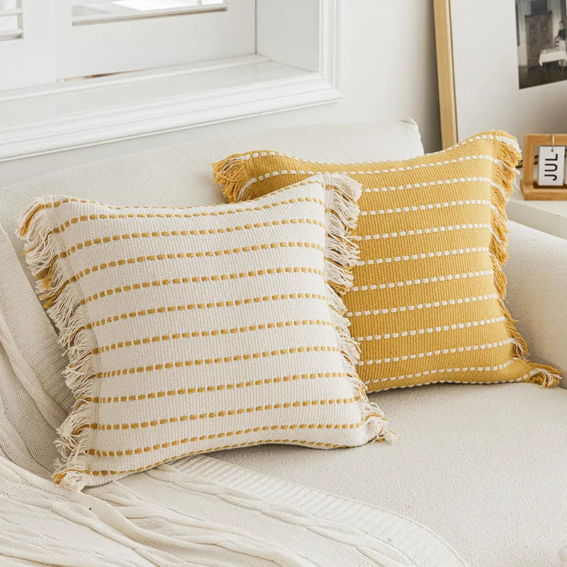 Decorbites™ Geometrisches Tufting-Kissenbezug mit Häkelquasten – Nordisches Gelbes Gestreiftes Kissenbezug