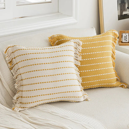 Decorbites™ Geometrisches Tufting-Kissenbezug mit Häkelquasten – Nordisches Gelbes Gestreiftes Kissenbezug