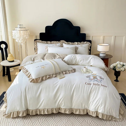 DecorBites™ French Embroidered Cotton Bed Skirt Set with Ruffled Edges