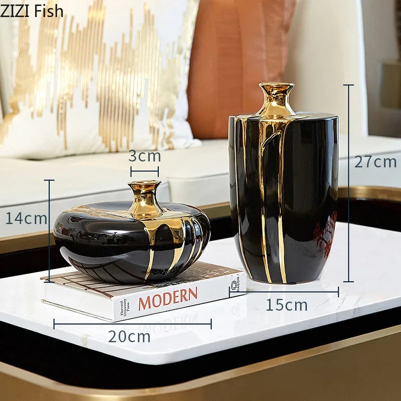 Decorbites™ Elegante schwarze Gold-Keramikvase für moderne Luxusblumen-Dekoration