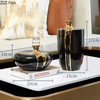 Decorbites™ Elegante schwarze Gold-Keramikvase für moderne Luxusblumen-Dekoration