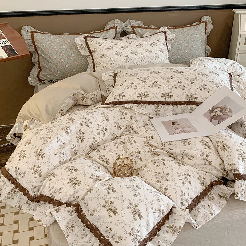 Decorbites™ Französisches Blumenbettwäsche-Set, 100% Baumwolle, Rüschen, Daunendeckelbezug, Bettlaken, Kissenbezüge