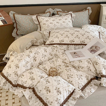 Decorbites™ Französisches Blumenbettwäsche-Set, 100% Baumwolle, Rüschen, Daunendeckelbezug, Bettlaken, Kissenbezüge