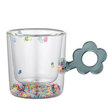 DecorBites™ 250ml doppelwandige Glastasse mit Glitzerblumen und Blumengriff