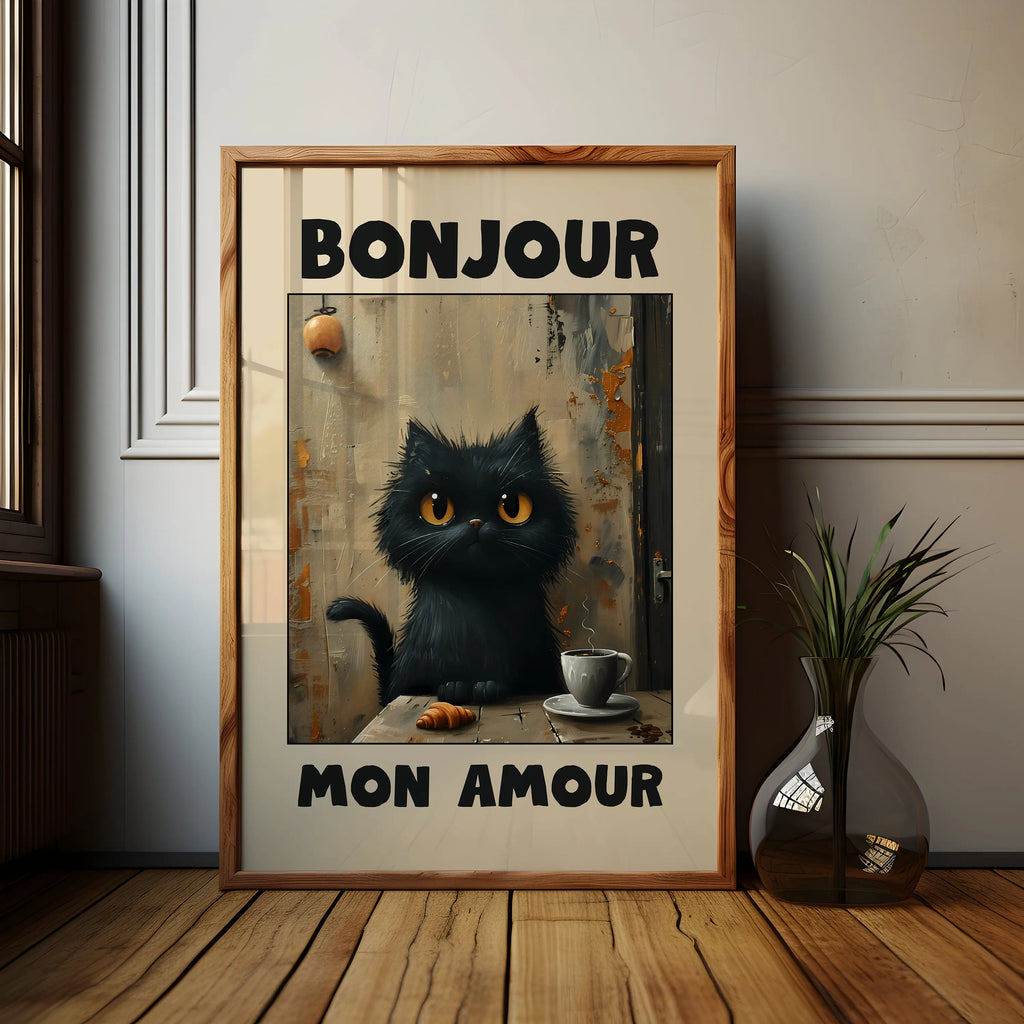 1pc Frameless Black Cat Breakfast Art Poster Retro Style Bonjour Canvas Painting for Dining Room or Bedroom Wall  Art Decoration