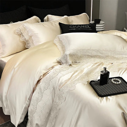 DecorBites™ Lace Patchwork Silk Cotton Luxury Bedding Set Queen King Size