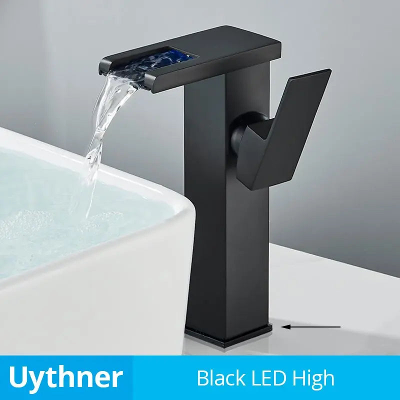 DecorBites™ LED Waterfall Bathroom Sink Faucet Hot Cold Mixer Tap Deck Mounted