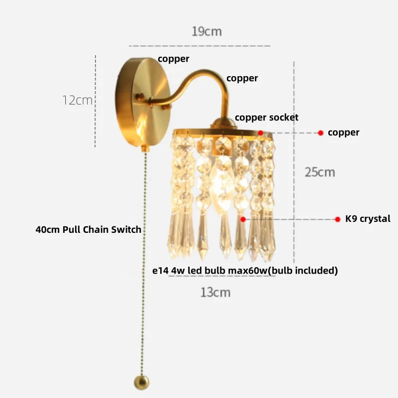 Decorbites™ Kristall Vintage LED Wandlampen mit Zugschalter Luxus Kupfer E14 Treppenlicht