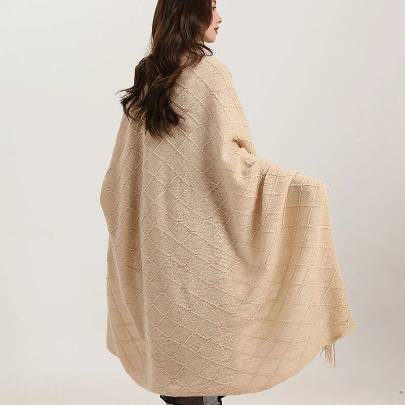 DecorBites™ Knitted Diamond Blanket: Versatile Solid Shawl for Home, Office, Travel