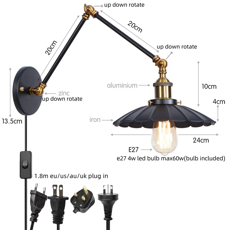 DecorBites™ Gold Industrial LED Wall Lamp with Pull Chain Switch for Home Decor