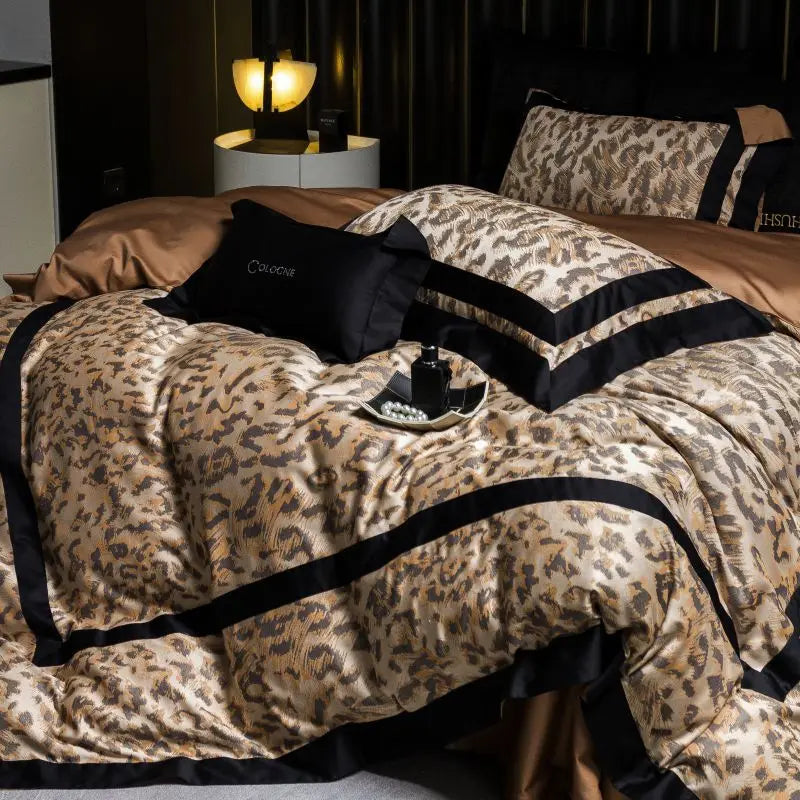 Decorbites™ Leopard Jacquard 1000TC Lyocell-Baumwoll-Bettwäsche-Set: Daunendecke, Laken, Kissenbezüge