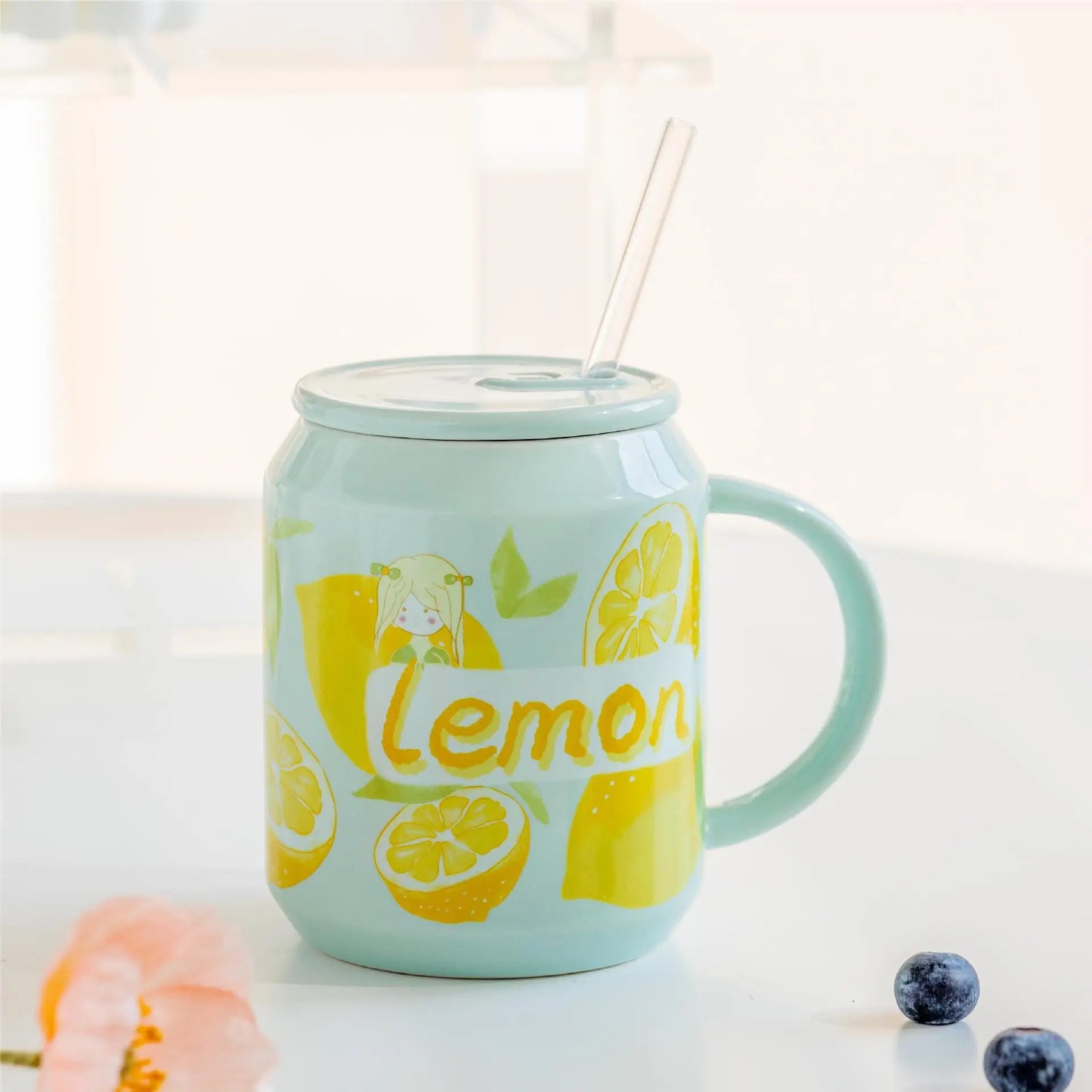 Decorbites™ Fruchtform Keramikbecher mit Deckel und Trinkhalm, niedliches koreanisches Design