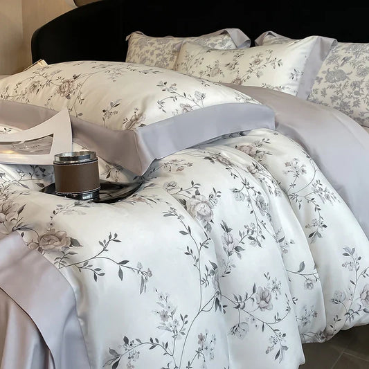 Decorbites™ Bettwäsche-Set aus Eukalyptusfasern Blumenmuster: Bettbezug, Bettlaken, Kissenbezug – 4 Teile