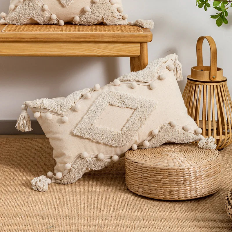 Decorbites™ Beige Wabi-sabi Quastenbesetzte Fransen Geometrische Troddel Baumwolle Leinen Kissenbezug