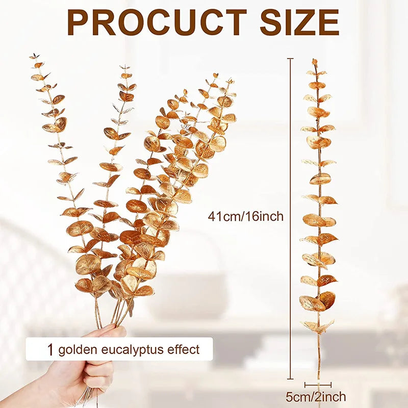 Decorbites™ Goldene Eukalyptusblätterstiele x10 – Künstliche Herbst-Hochzeits-DIY-Dekoration