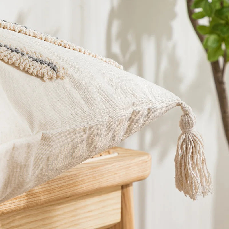 DecorBites™ Geometric Embroidery Tassel Cushion Cover - Grey White Simple Loop Tufted Pillow