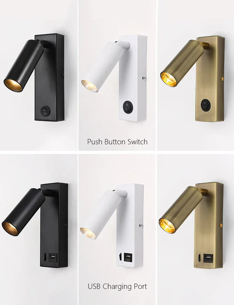 DecorBites™ Black Brass LED Wall Lamp Sconce with Switch and USB Port, 3W Spotlight